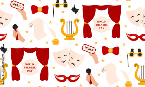 Theater seamless pattern. Theatre red curtain, theatrical comedy and drama mask, ticket, lyra. Theatre Day background. Flat Vector illustration photo