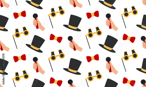 Theater accessories seamless pattern. Classic theater glasses, top hat, bow sign. Gentleman Opera attribute. Aristocratic symbol. Theatre Day background. Flat Vector illustration
