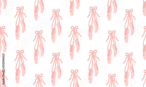 Ballet seamless pattern. Ballet flats female pink pointe shoes on silk ribbon with bow icon. Ballerina accessory background. Theatre Day. Flat Vector illustration