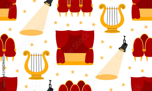 Theater seamless pattern. Theatre stage with red curtain, theatrical, mask, ticket, lyra, musical notes, hood and binoculars. Theatre Day background. Flat Vector illustration