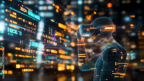 A person wearing virtual reality goggles amidst a digital, futuristic cityscape filled with glowing lights and data streams, symbolizing innovation and immersive technology.