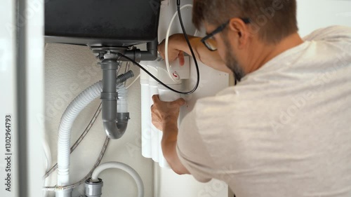 Man installs water purifier. Replacement water filter with cartridges in kitchen under kitchen sink.