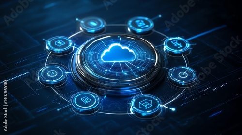 Futuristic digital interface featuring a central cloud computing hub, surrounded by interconnected icons, representing modern digital technology and network systems.
