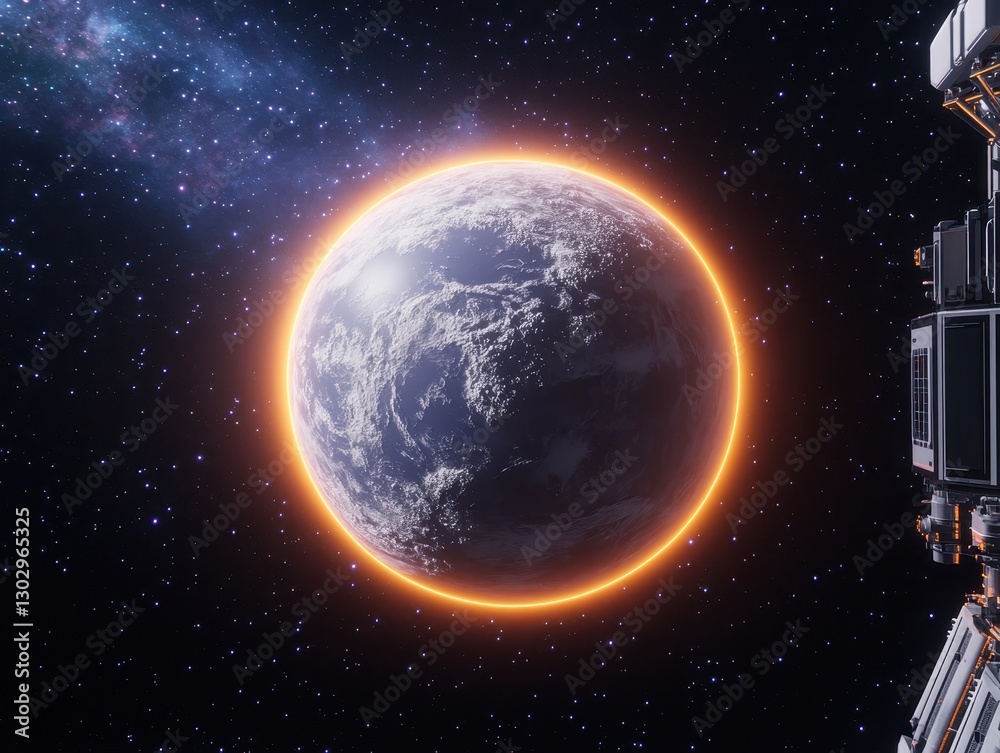 Fototapeta premium Stunning view of a distant planet illuminated by a glowing halo in space