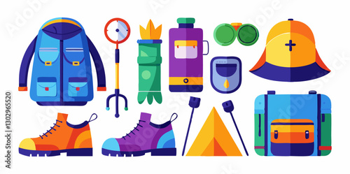 Set of different hiking gear 3d icons. Colorful isometric icons. Vector illustration.