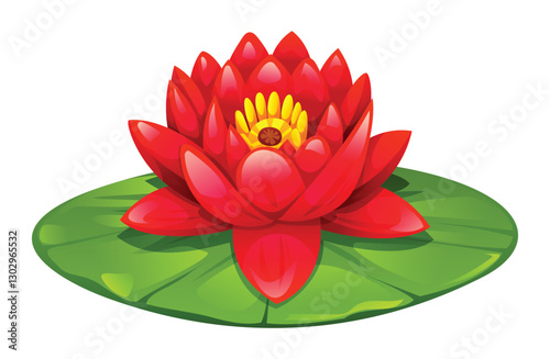 Beautiful red water lily flower blooming on lily pad. Vector cartoon illustration