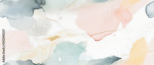 Abstract watercolor seamless background with pastel blue, beige, and gold shapes