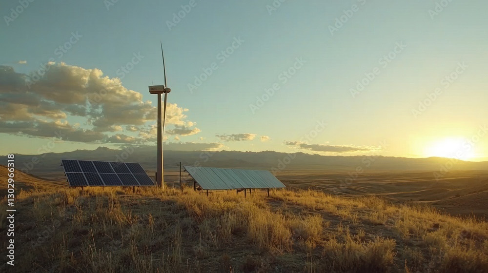 Obraz premium A wind turbine next to a solar panel array, showcasing multiple renewable energy sources