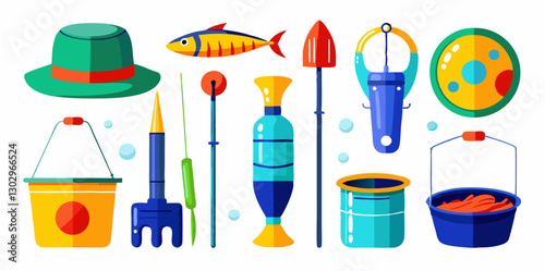 Set of different fishing gear 3d icons. Colorful isometric icons. Vector illustration.