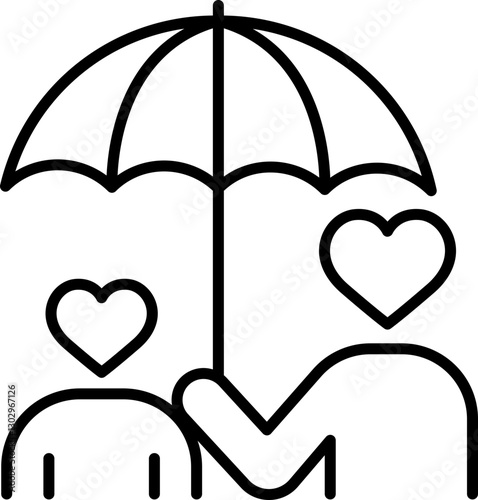 Couple under an umbrella with hearts line icon