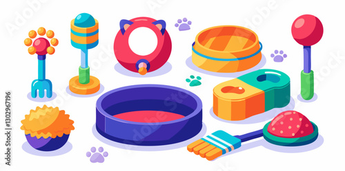 Set of different pet accessories 3d icons. Colorful isometric icons. Vector illustration.