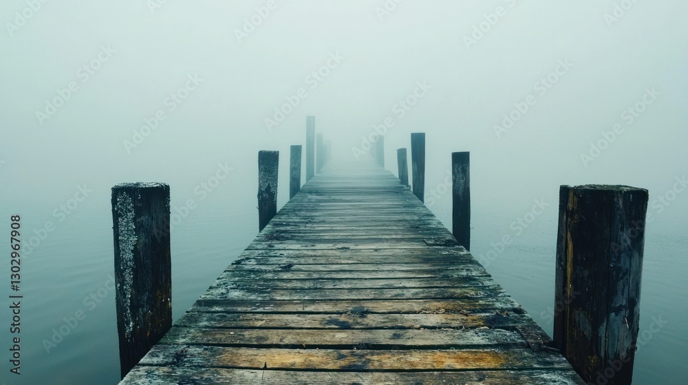 Obraz premium A wooden pier disappearing into the mist, creating a mysterious atmosphere