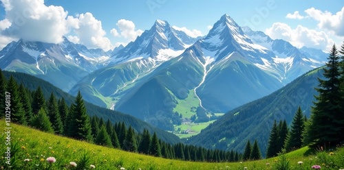 Majestic mountain scenery with lush green forests and snow-capped peaks, Jungfrau, Scenic, Alps