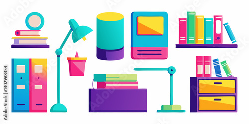 Set of different home office 3d icons. Colorful isometric icons. Vector illustration.