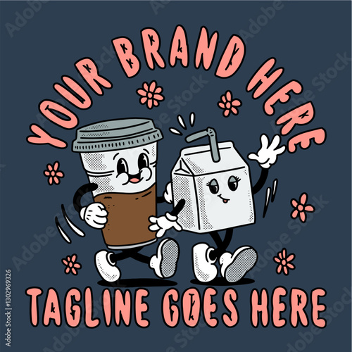 coffee and milk retro cartoon design t-shirt graphic illustration vector brand clothing