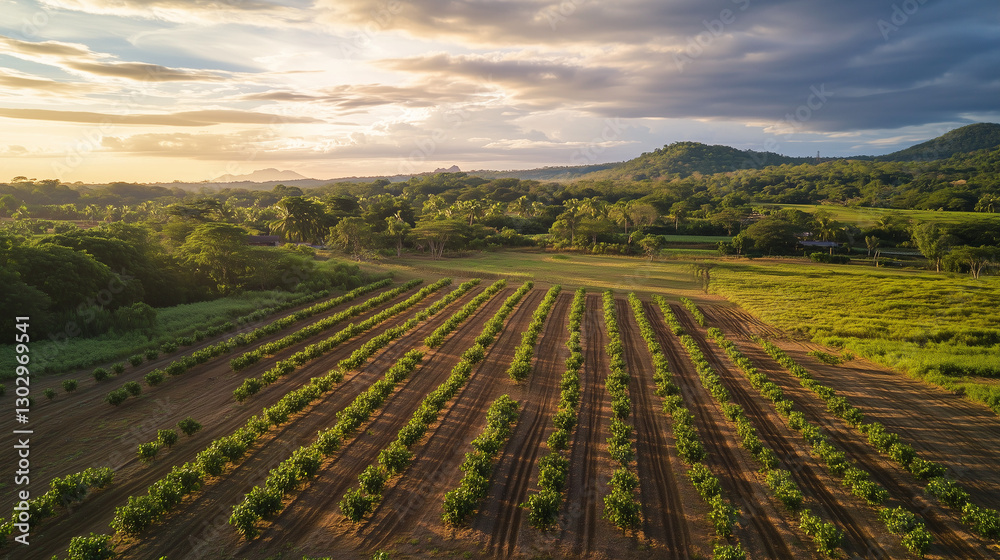 Landscape of lush farmland with crops in a rural outdoor setting Landscape of lush farmland with crops in a rural outdoor setting