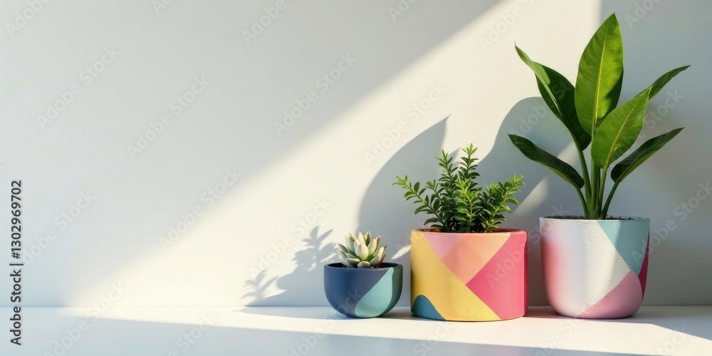 Sunlight illuminates three potted plants with geometrically painted containers on a minimalist white surface Sunlight illuminates three potted plants with geometrically painted containers on a minimalist white surface