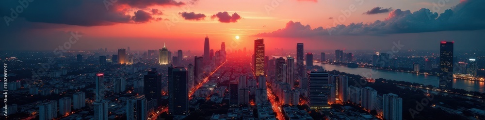 Obraz premium Golden hour illuminates Saigon's towers, night descends, amazing, illuminated, architecture