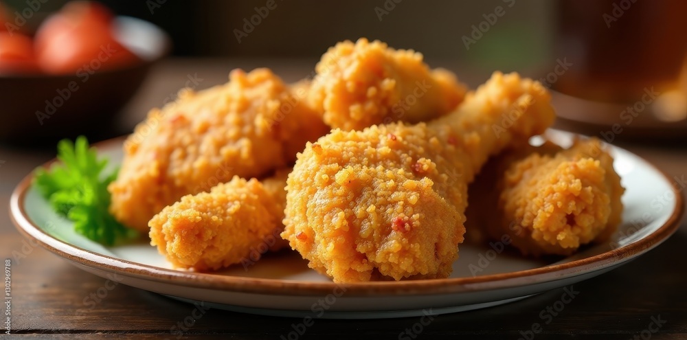 Golden-brown fried chicken pieces, crispy skin , texture, appetizer, top view Golden-brown fried chicken pieces, crispy skin , texture, appetizer, top view
