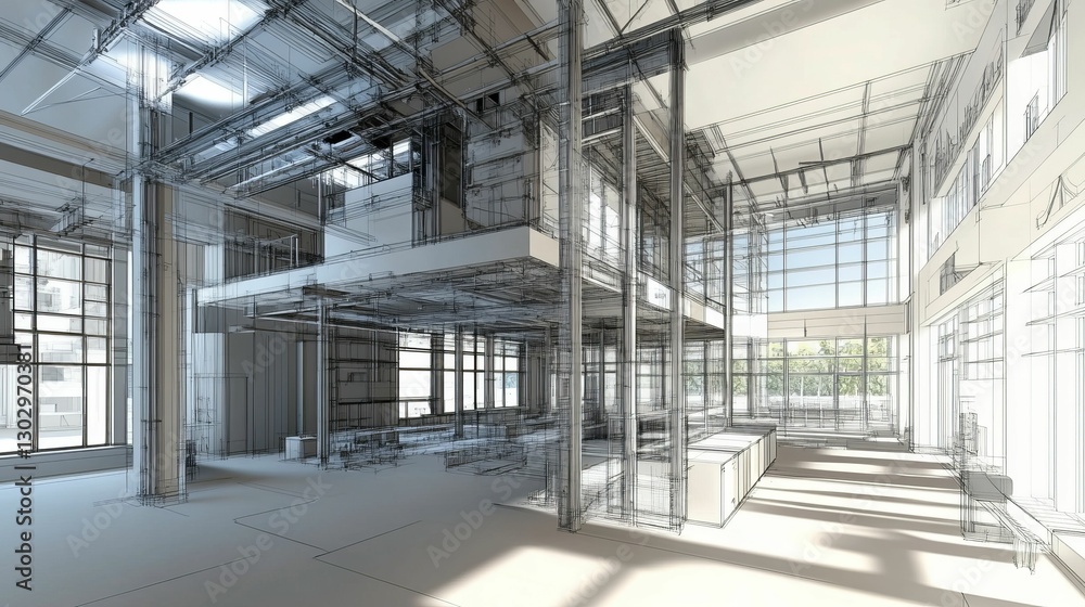 Fototapeta premium Architectural interior design rendering detailed blueprints and sunlight.