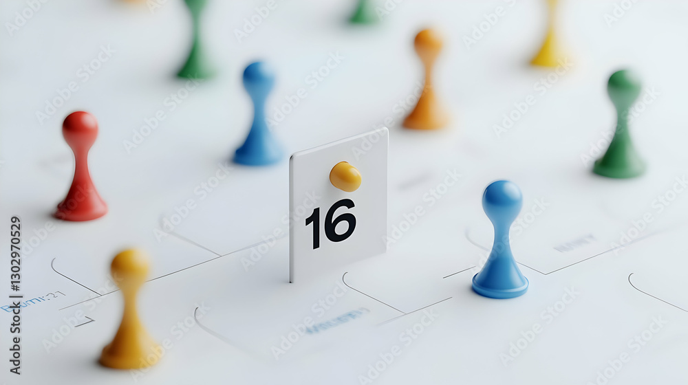 Colorful Game Pieces and Calendar Display on a White Surface Colorful Game Pieces and Calendar Display on a White Surface