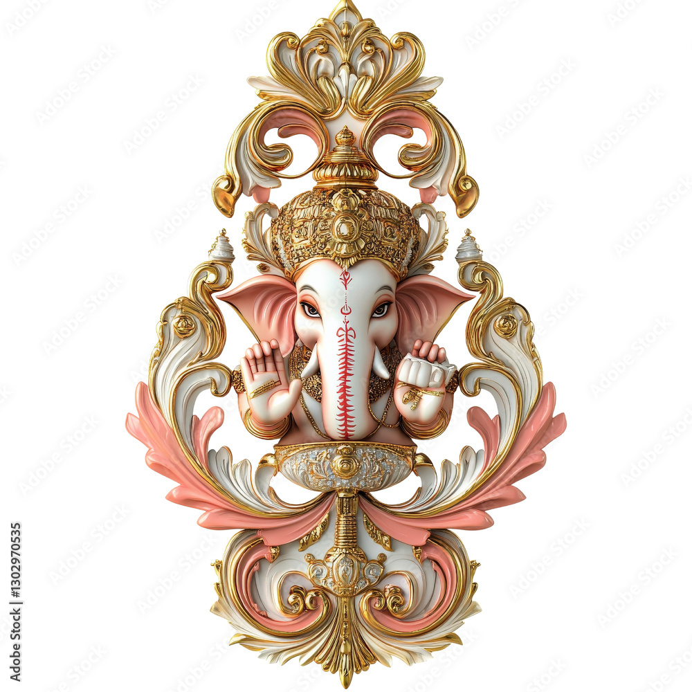 Fototapeta premium Divine Ganesha: A regal and ornate depiction of Ganesha, the Hindu deity of wisdom and good fortune, showcased in a richly detailed sculptural design with elegant scrollwork. 
