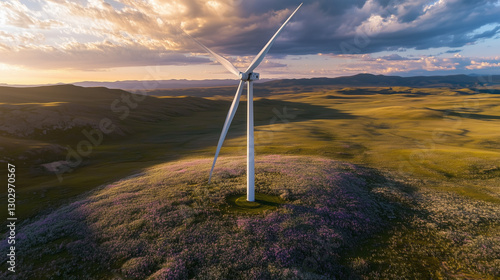 Scenic landscape with windmill on hill showcasing renewable energy and nature