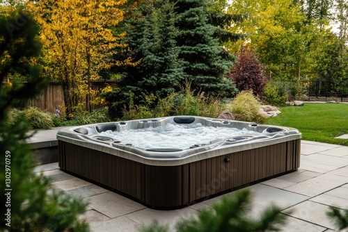 Modern hot tub steaming in a lush backyard oasis during fall