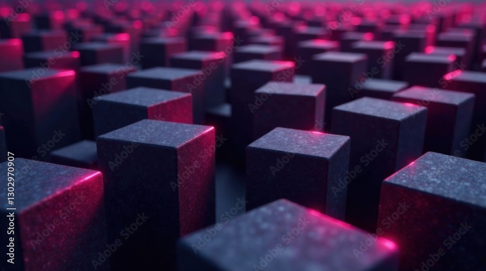 Obraz premium Abstract Dark Cubes Illuminated by Pink Glowing Lines, Creating a Futuristic and Technological Aesthetic