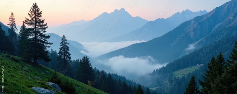 Obraz premium Majestic pines stand tall against a dramatic mountain backdrop, mist shrouding the valleys below , tranquil, horizontal, white