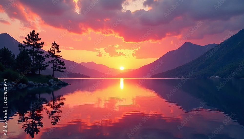 Serene sunset over tranquil lake with distant mountains, tree silhouettes, peaceful, reflection, beauty