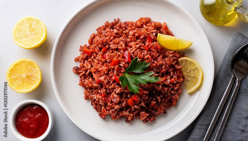 red rice mixed with red peppers ,tomato sauce, soy sauce, top view, light plate, lemon slice red rice mixed with red peppers ,tomato sauce, soy sauce, top view, light plate, lemon slice