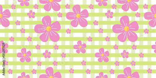 Floral pattern with pink flowers on light green gingham background. Cute pastel colored vector illustration in nature - inspired concept. For prints, cards, gift paper