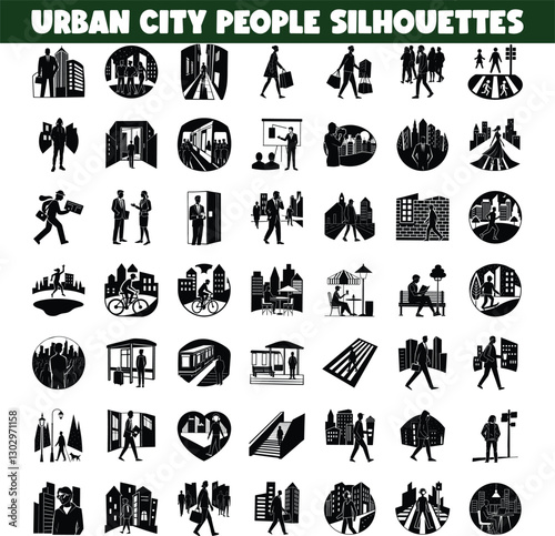 Urban City Life People Silhouettes, Buildings, and Street Scenes