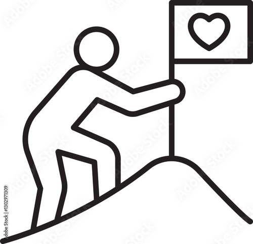 Person planting flag on a hilltop line icon