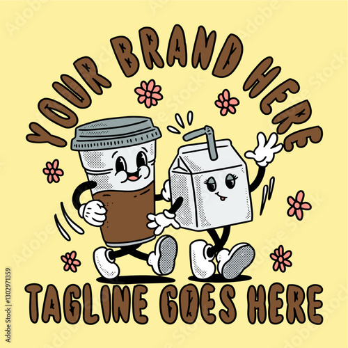 coffee and milk retro cartoon design t-shirt graphic illustration vector brand clothing