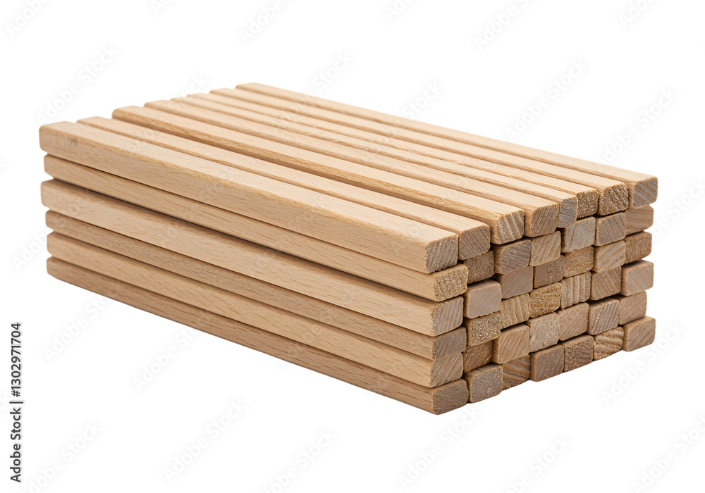 Stack of Smooth Wooden Strips Neatly Arranged for Construction and Crafting Purposes in a Bright White Background Stack of Smooth Wooden Strips Neatly Arranged for Construction and Crafting Purposes in a Bright White Background