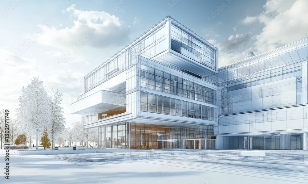 Architectural blueprint modern building design on cloudy background. Architectural blueprint modern building design on cloudy background.