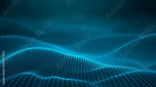 Abstract background with glowing blue dots forming smooth, flowing digital waves. The design creates a dynamic and futuristic effect in a dark setting