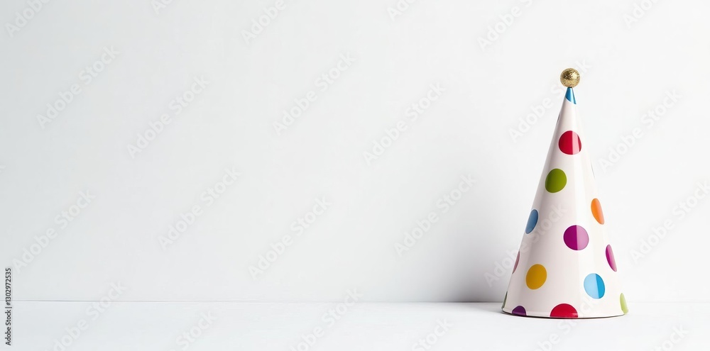 Shiny party hat with colorful polka dots against a white background, shiny, polka dots