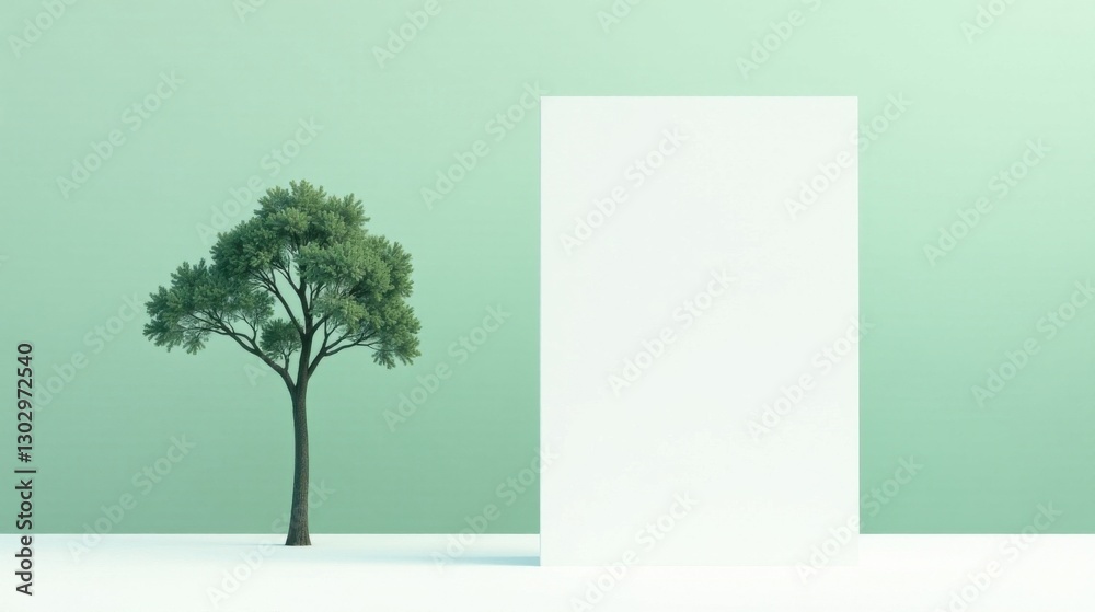 Obraz premium Serene Minimalist Scene A Single Tree Beside a Blank Vertical Panel Against a Pale Green Background