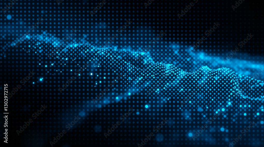 Abstract background with glowing blue dots creating dynamic, flowing waves. The design offers a futuristic digital look with a dark gradient backdrop Abstract background with glowing blue dots creating dynamic, flowing waves. The design offers a futuristic digital look with a dark gradient backdrop
