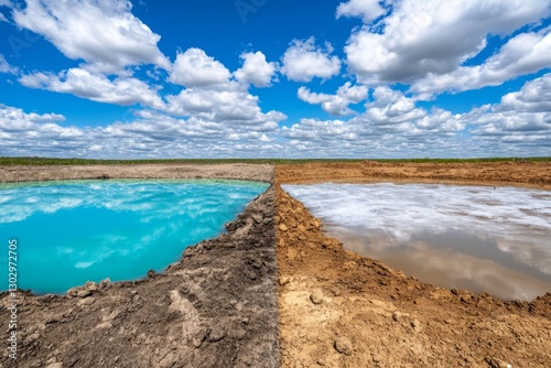 A before-and-after comparison of a lake slowly shrinking due to environmental degradation photo