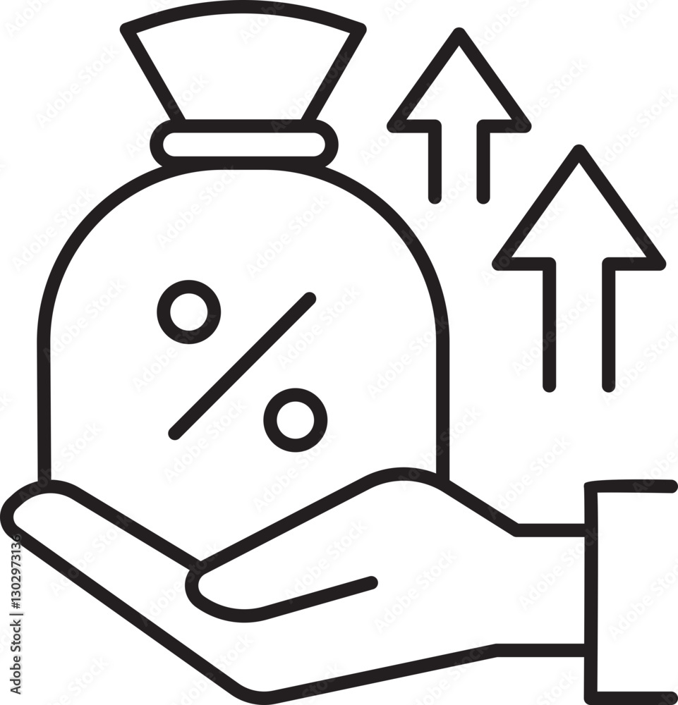 Hand holding money bag with growth arrows line icon Hand holding money bag with growth arrows line icon