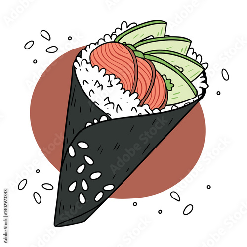 Sushi Temptation: A beautifully illustrated temaki sushi, showcasing layers of fresh salmon, creamy avocado slices, and perfectly seasoned rice wrapped in nori seaweed, evoking culinary artistry.