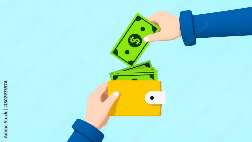 hand gives paper money to another hand holding a yellow wallet. hand gives paper money to another hand holding a yellow wallet.