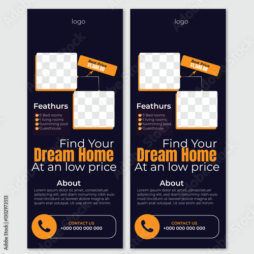 Modern real estate agency house or home for sale rollup pullup banner, standee, x banner, signage advertising design for business sales promotion with place for photos, editable premium vector layout