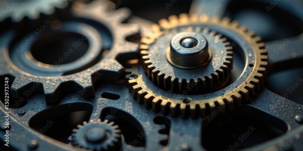 Intricate Metallic Gears Interlocking in Complex Synchronization, a Detailed Close-Up of Precise Engineering Intricate Metallic Gears Interlocking in Complex Synchronization, a Detailed Close-Up of Precise Engineering