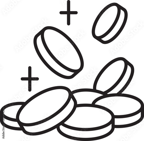 Coins falling with scattered coins below. line icon