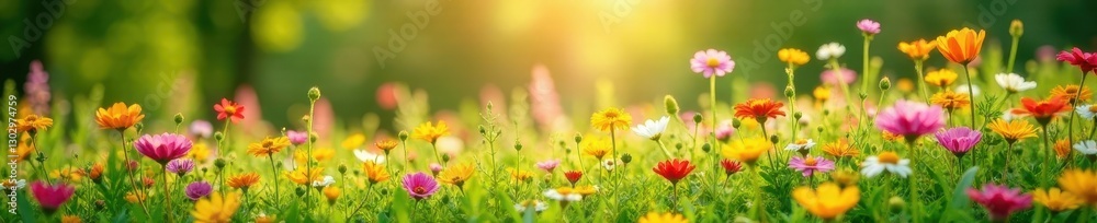 Obraz premium Sunlit profusion of wildflowers, diverse colors, lush green backdrop , botany, scenic